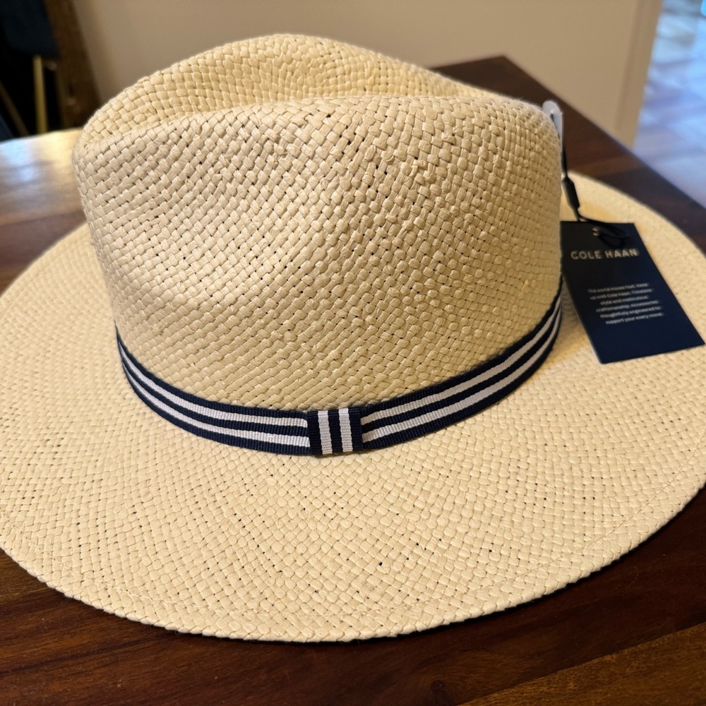 Cole Haan Straw Hat with Navy and White Band